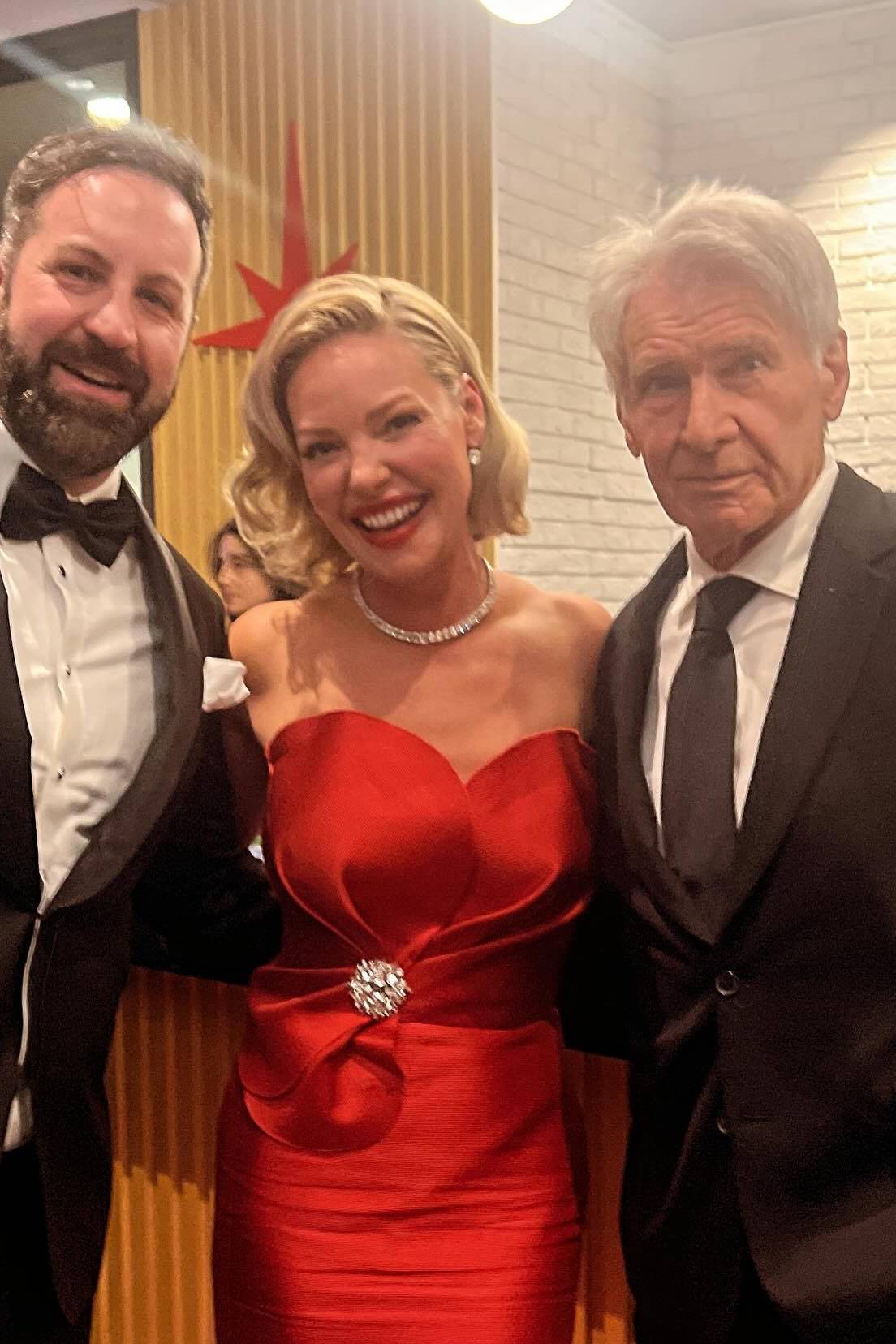 75th Emmy Awards: Josh Kelley and Katherine Heigl pose for a photograph with Harrison Ford